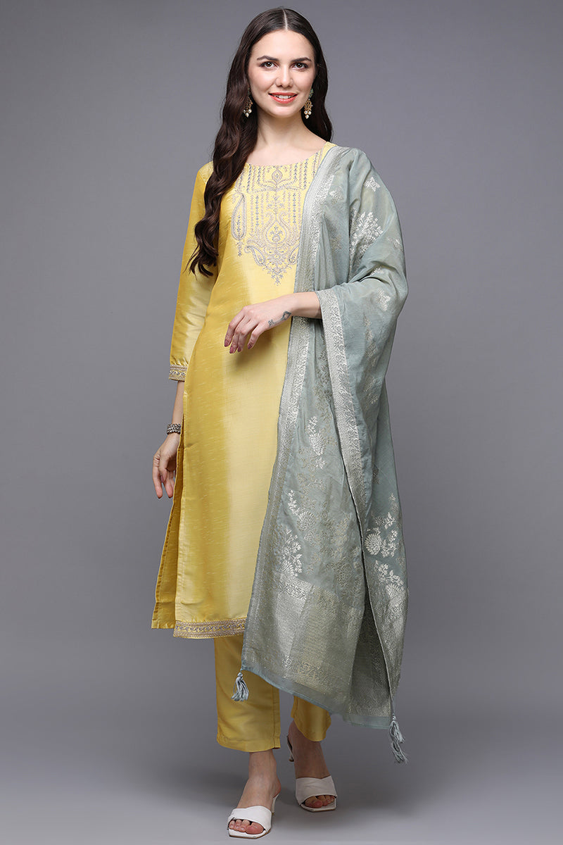 Yellow Poly Silk Floral Straight Suit Set | SHOBITAM
