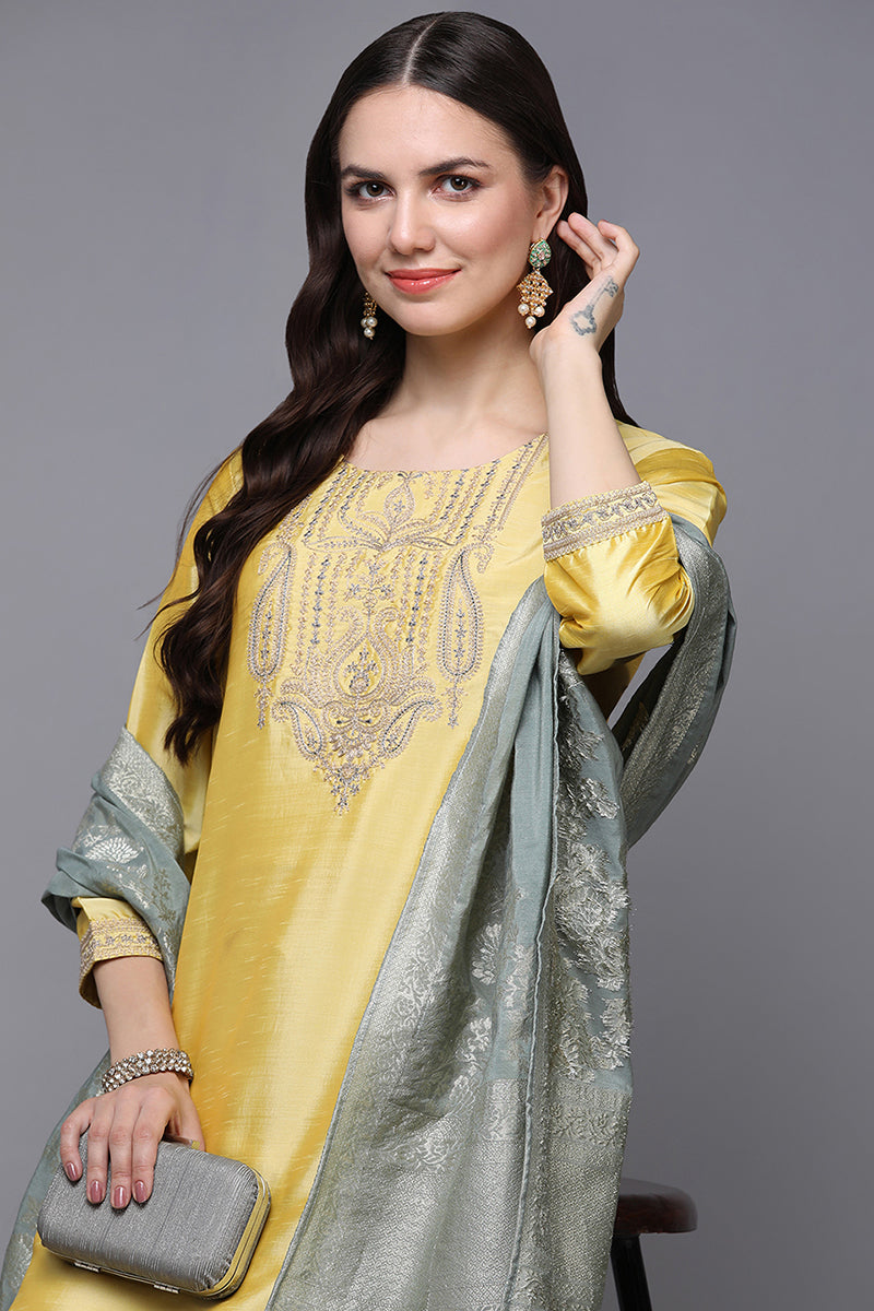 Yellow Poly Silk Floral Straight Suit Set | SHOBITAM