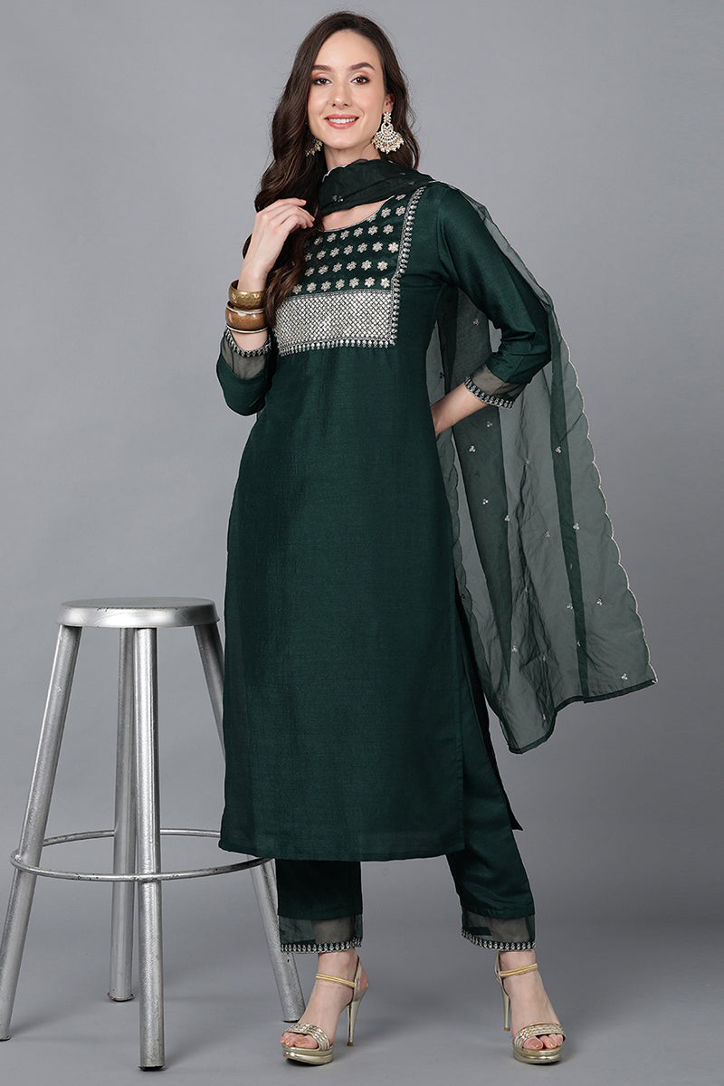 Green Poly Silk Solid Straight Suit Set | SHOBITAM