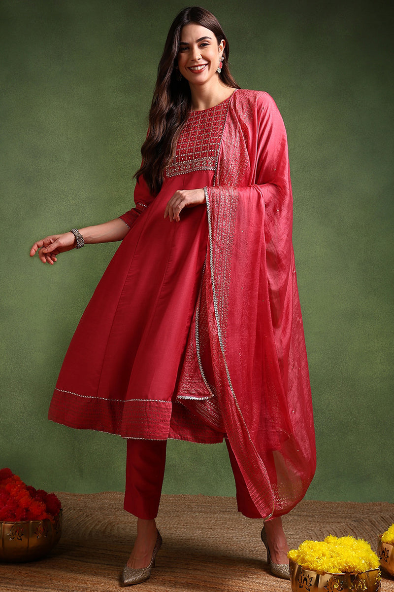 Rose Poly Silk Solid Yoke Design Kurta Trousers With Dupatta | SHOBITAM