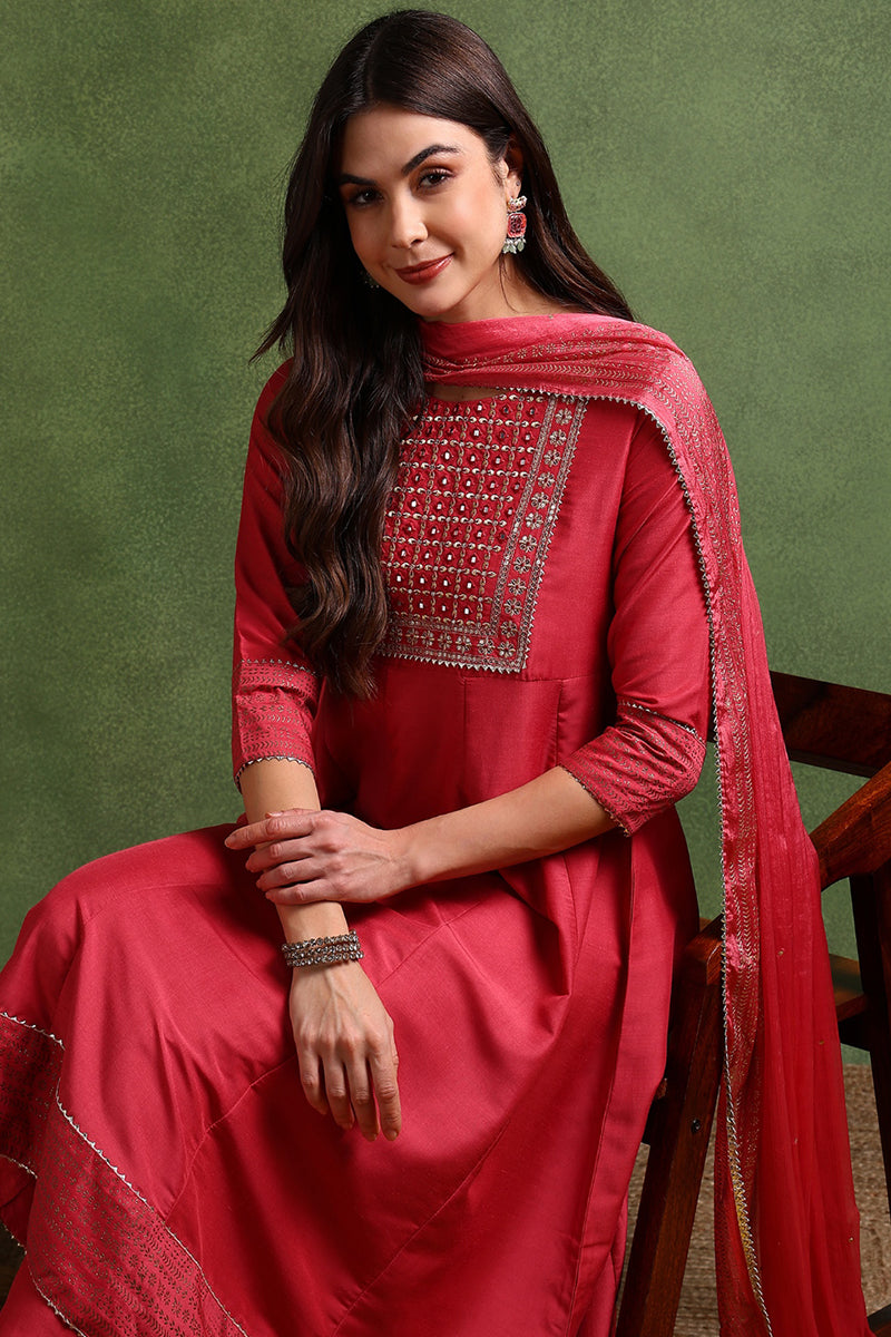 Rose Poly Silk Solid Yoke Design Kurta Trousers With Dupatta | SHOBITAM