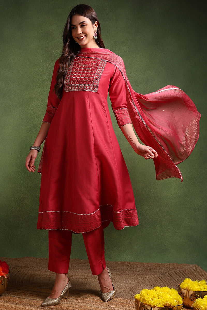 Rose Poly Silk Solid Yoke Design Kurta Trousers With Dupatta | SHOBITAM