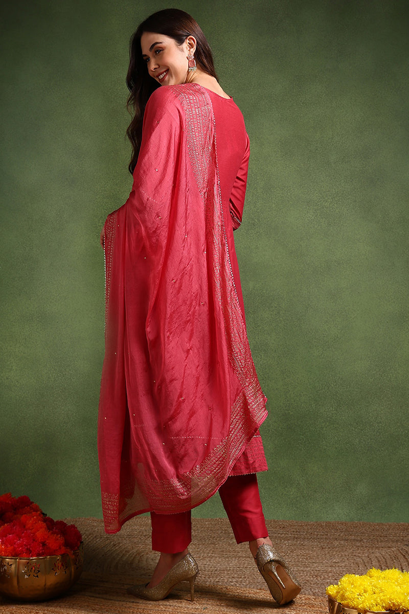 Rose Poly Silk Solid Yoke Design Kurta Trousers With Dupatta | SHOBITAM