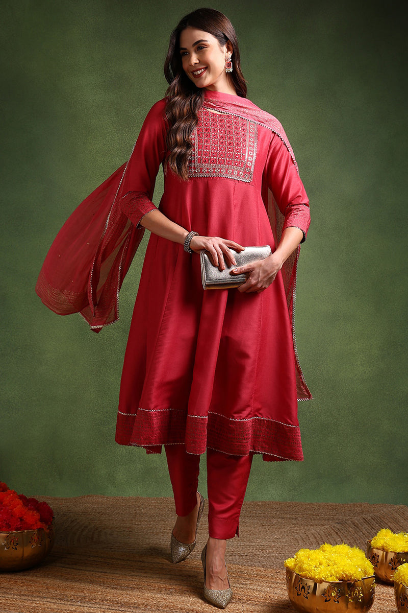 Rose Poly Silk Solid Yoke Design Kurta Trousers With Dupatta | SHOBITAM