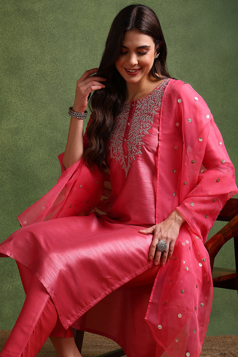 Pink Poly Silk Solid Yoke Design Kurta Trousers With Dupatta | SHOBITAM