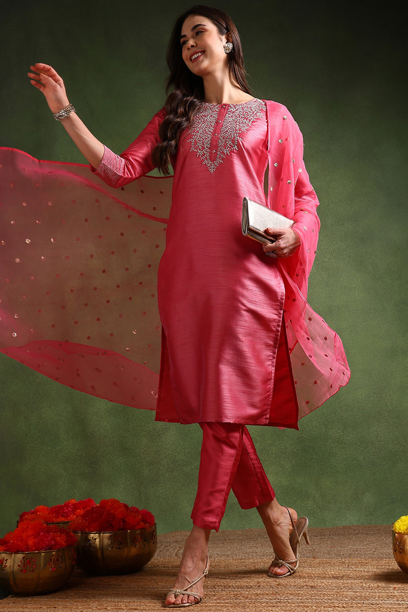 Pink Poly Silk Solid Yoke Design Kurta Trousers With Dupatta | SHOBITAM