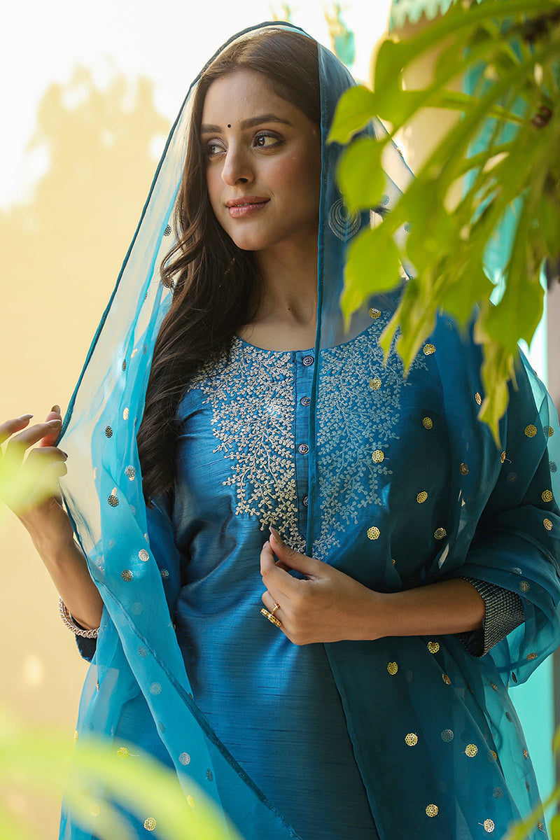 Blue Poly Silk Solid Yoke Design Kurta Trousers With Dupatta | SHOBITAM
