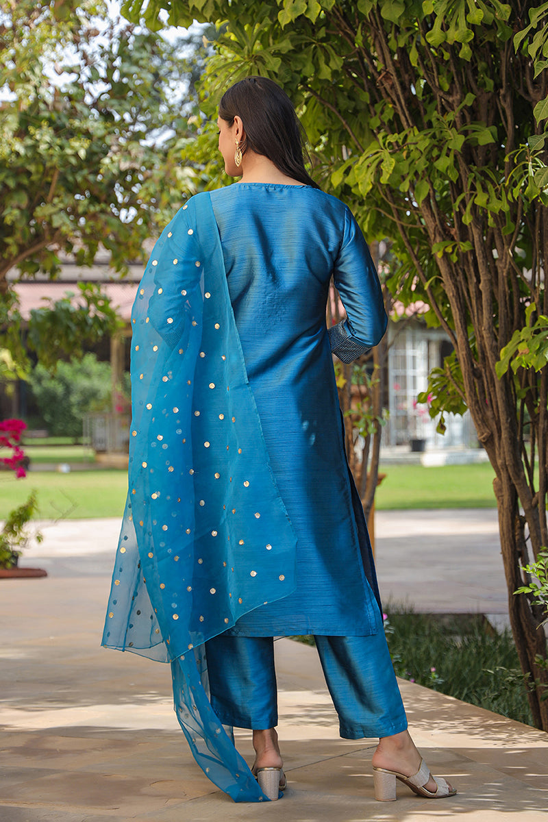 Blue Poly Silk Solid Yoke Design Kurta Trousers With Dupatta | SHOBITAM