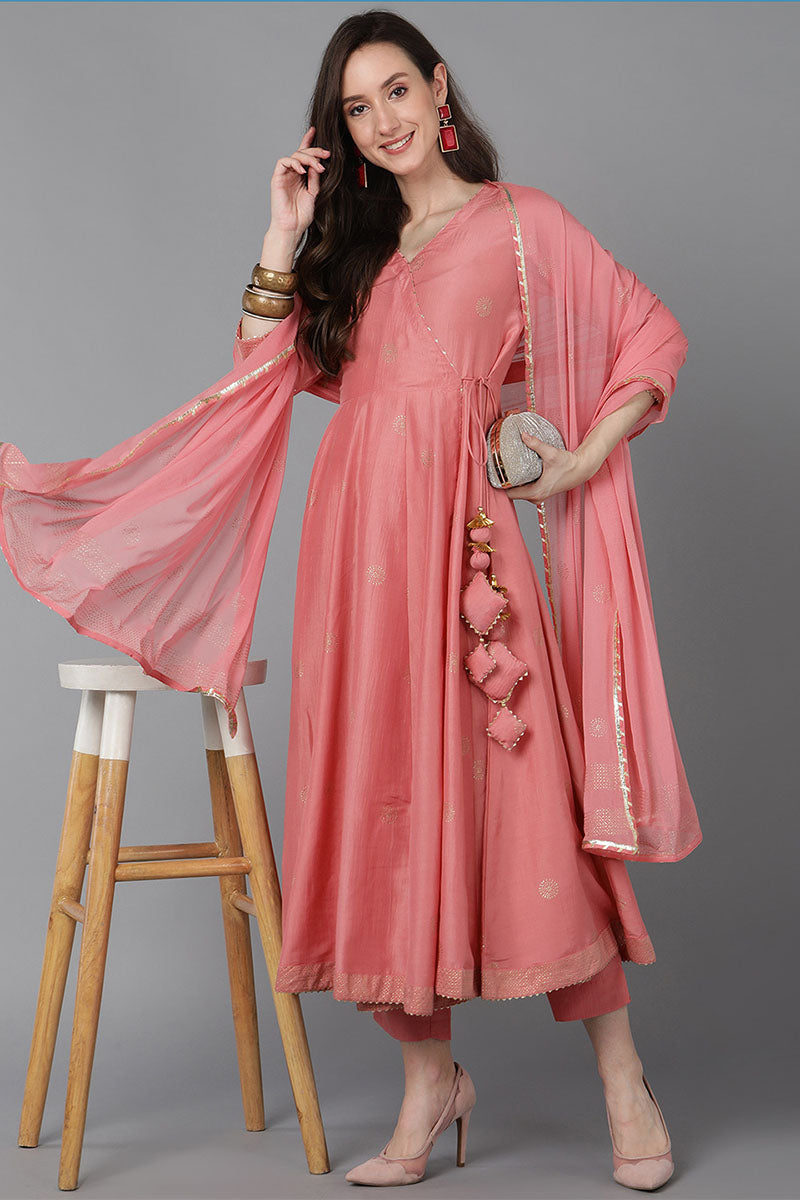 Pink Poly Silk Solid Solid Kurta Trousers With Dupatta | SHOBITAM