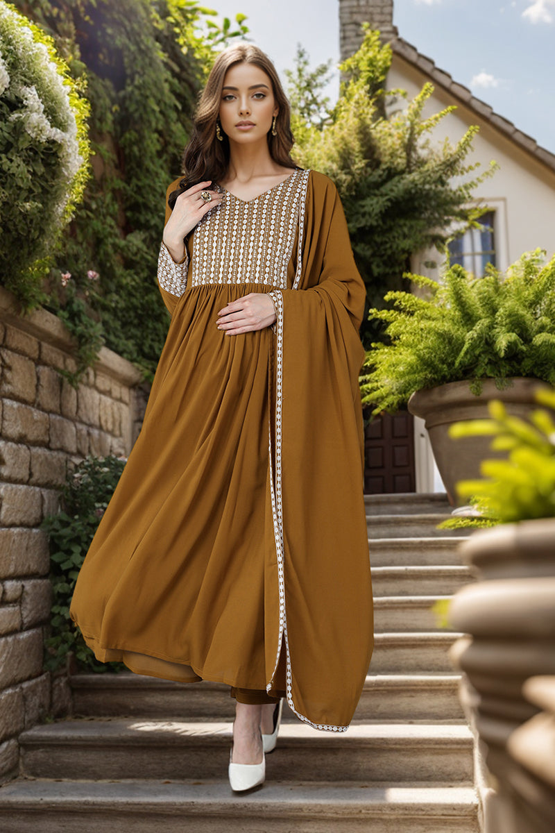 Mustard Poly Georgette Yoke Design Suit Set | SHOBITAM