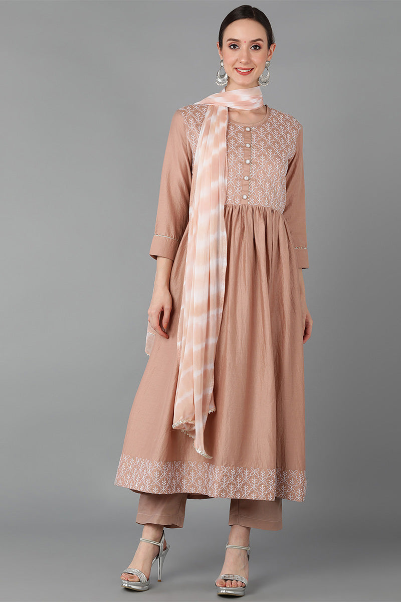 Beige Silk Blend Yoke Design Solid Suit Set | SHOBITAM
