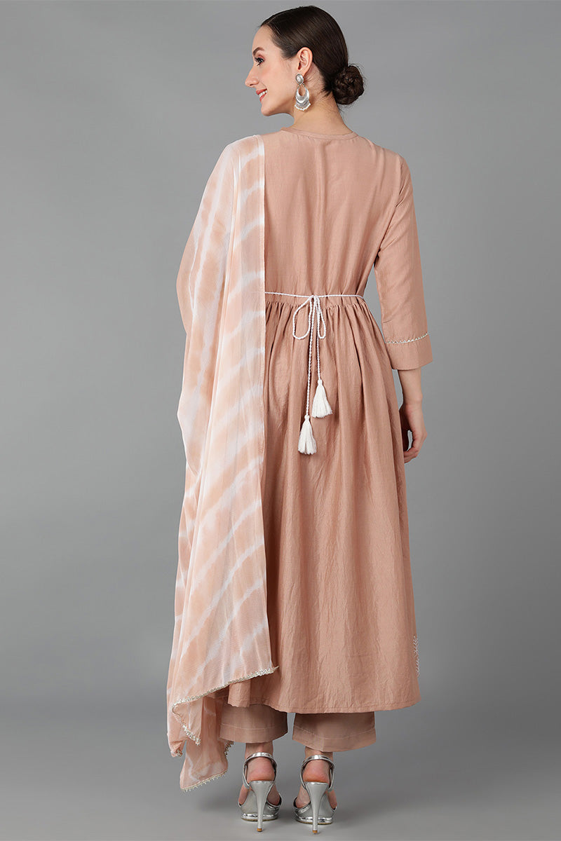 Beige Silk Blend Yoke Design Solid Suit Set | SHOBITAM