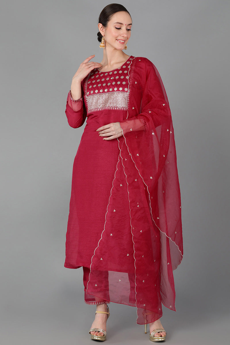Fuchsia Red Poly Silk Straight Kurta Pant With Dupatta | SHOBITAM