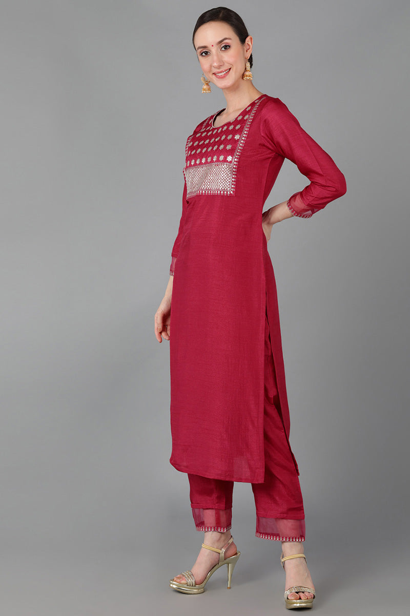Fuchsia Red Poly Silk Straight Kurta Pant With Dupatta | SHOBITAM