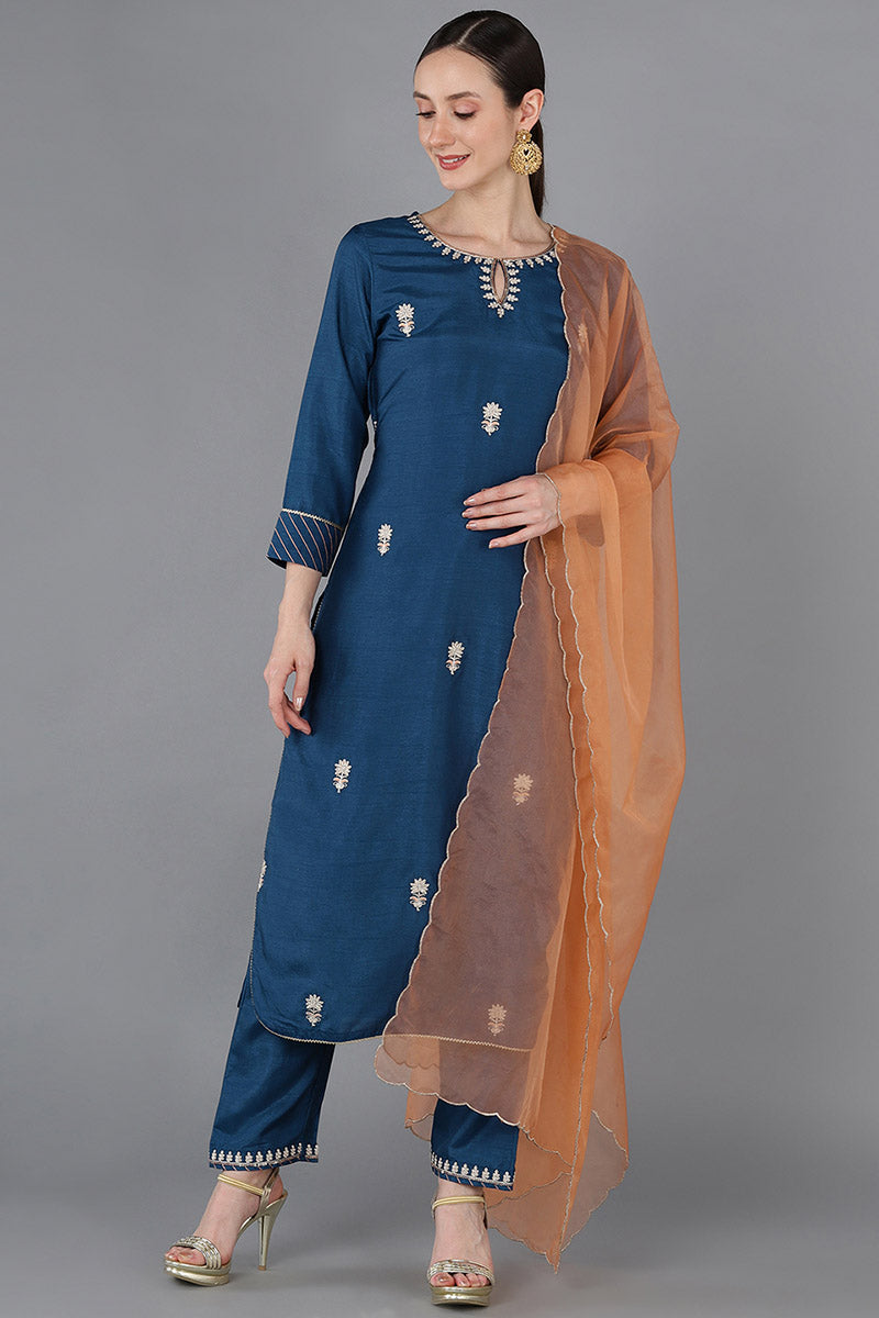 Teal Silk Blend Embroidered Kurta  | SHOBITAM