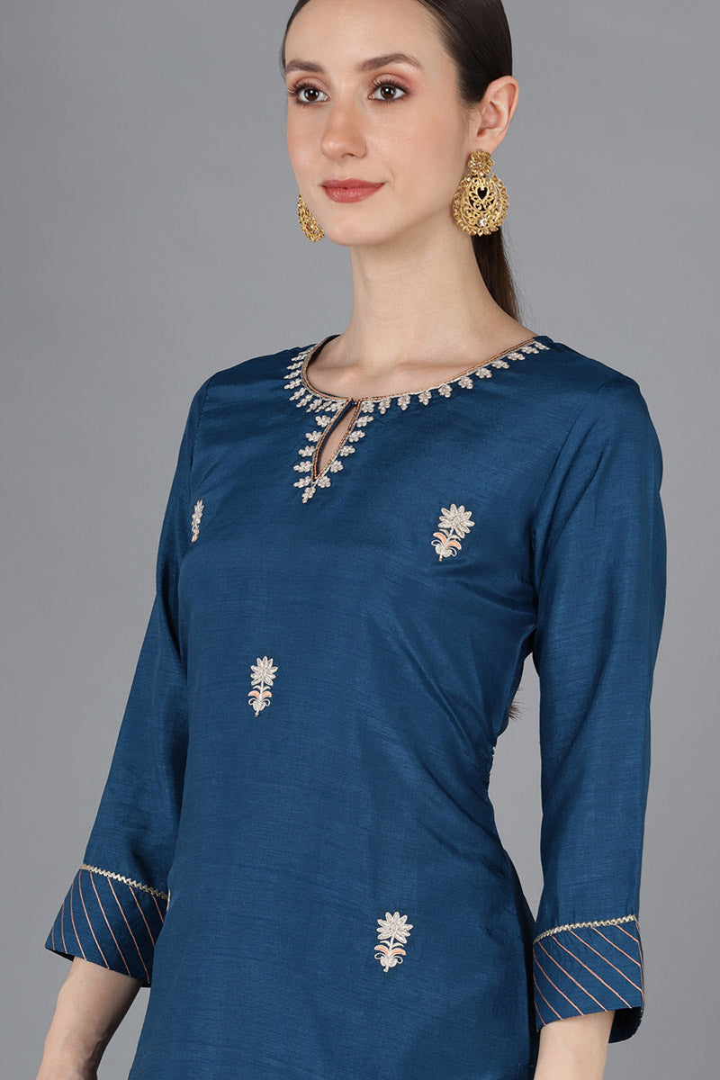 Teal Silk Blend Embroidered Kurta  | SHOBITAM