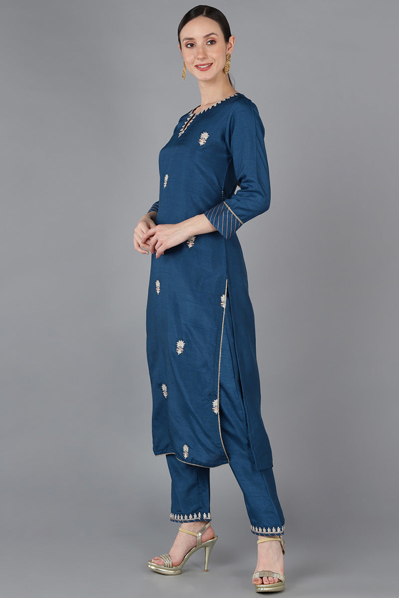 Teal Silk Blend Embroidered Kurta  | SHOBITAM