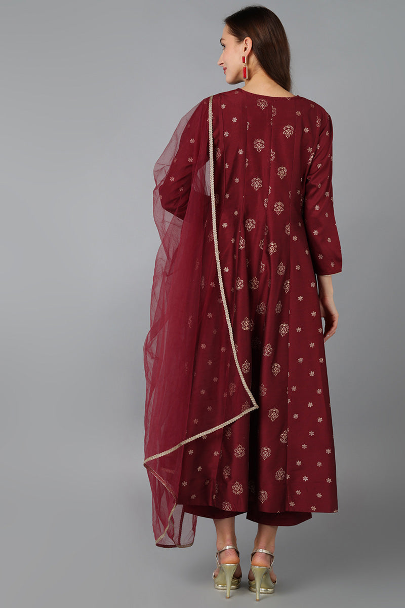 Maroon Silk Blend Woven Design Anarkali Suit Set  | SHOBITAM