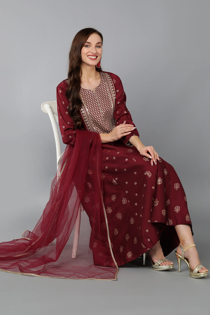 Maroon Silk Blend Woven Design Anarkali Suit Set  | SHOBITAM
