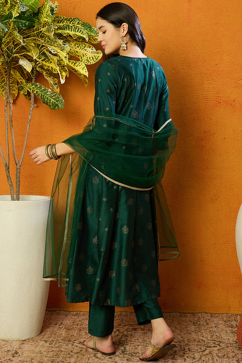 Green Silk Blend Woven Design Anarkali Suit Set  | SHOBITAM