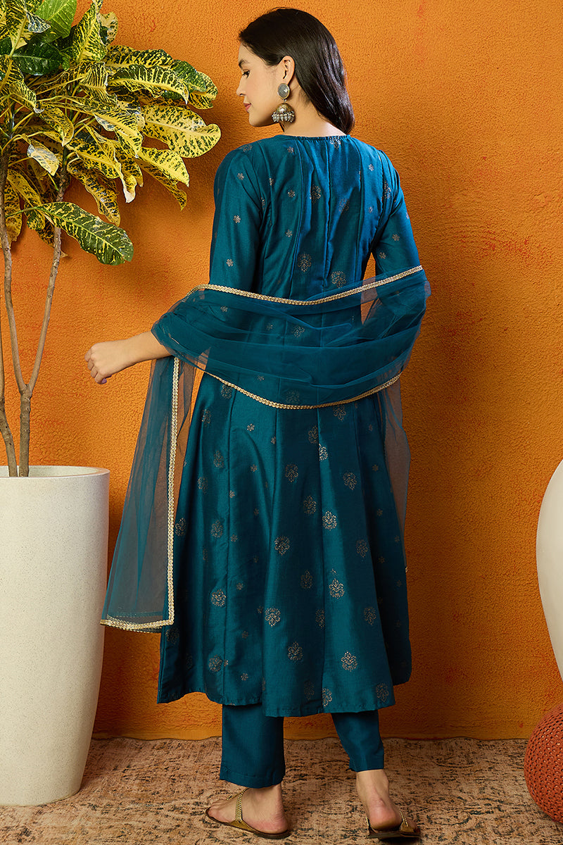Teal Silk Blend Woven Design Anarkali Suit Set  | SHOBITAM