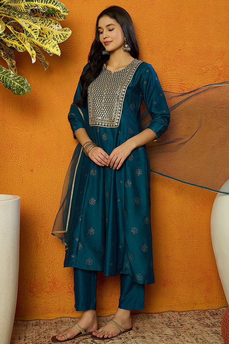 Teal Silk Blend Woven Design Anarkali Suit Set  | SHOBITAM