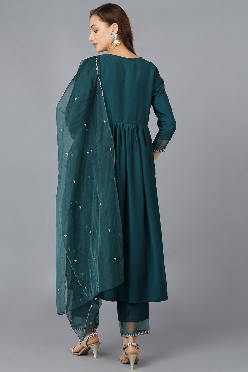 Teal Silk Blend Solid A-Line Kurta Trousers With Dupatta  | SHOBITAM