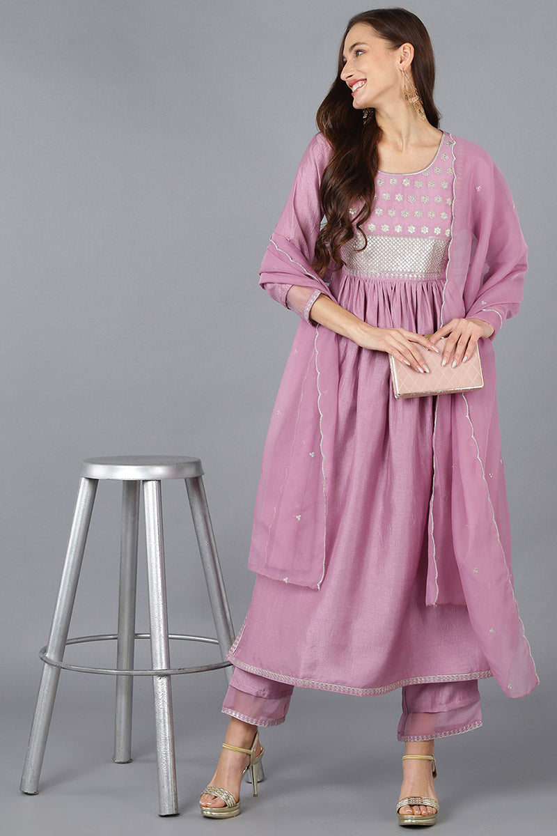 Lavender Silk Blend Solid Straight Kurta Trousers With Dupatta | SHOBITAM