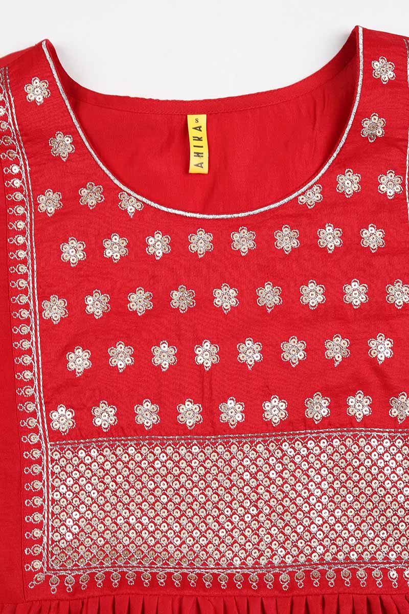Red Silk Blend Solid Straight Kurta Trousers With Dupatta  | SHOBITAM