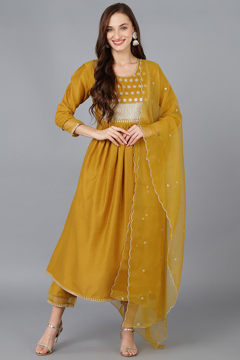 Mustard Silk Blend Solid A-Line Kurta Trousers With Dupatta | SHOBITAM