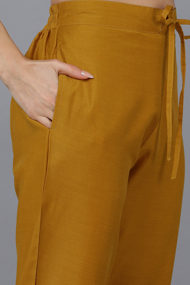 Mustard Silk Blend Solid A-Line Kurta Trousers With Dupatta | SHOBITAM