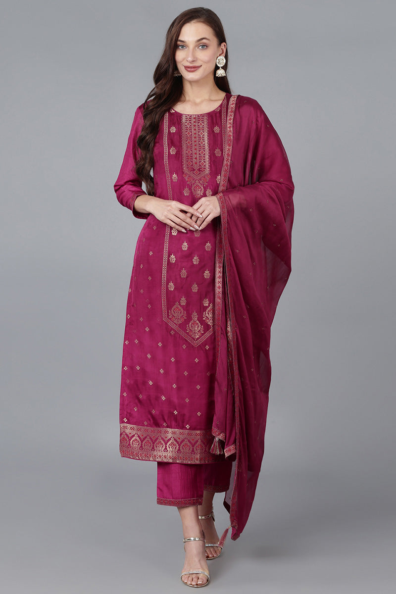 Burgundy Viscose Rayon Solid Straight Kurta Trousers With Dupatta | SHOBITAM