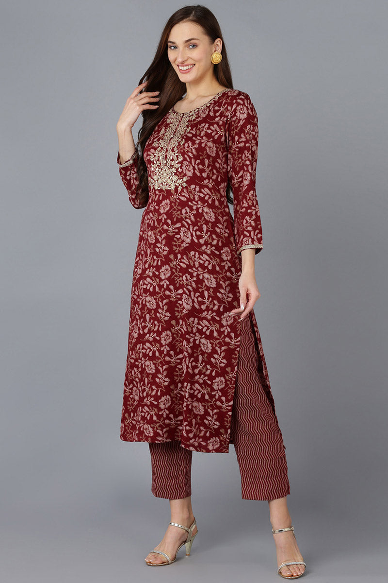 Maroon Silk Blend Floral Straight Kurta Trousers With Dupatta | SHOBITAM