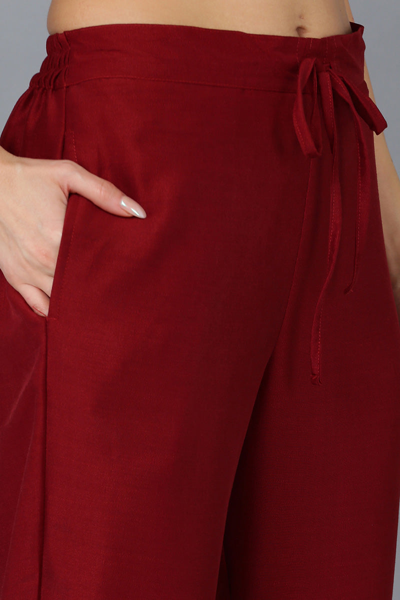 Maroon Silk Blend Solid Straight Kurta Trousers With Dupatta | SHOBITAM