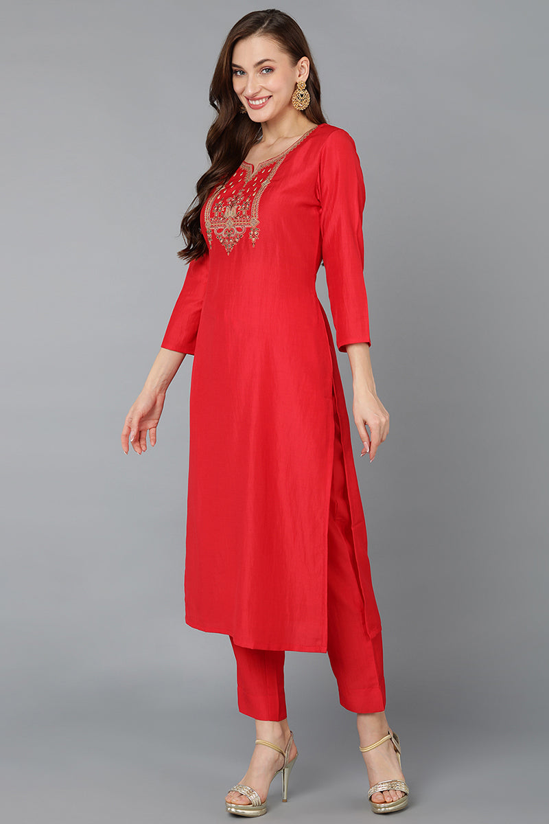 Silk Blend Red Embroidered Straight Kurta Pant With Dupatta | SHOBITAM