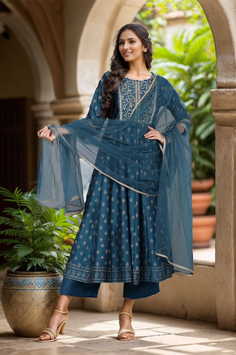 Blue Silk Blend Anarkali Kurta Pant With Dupatta | SHOBITAM