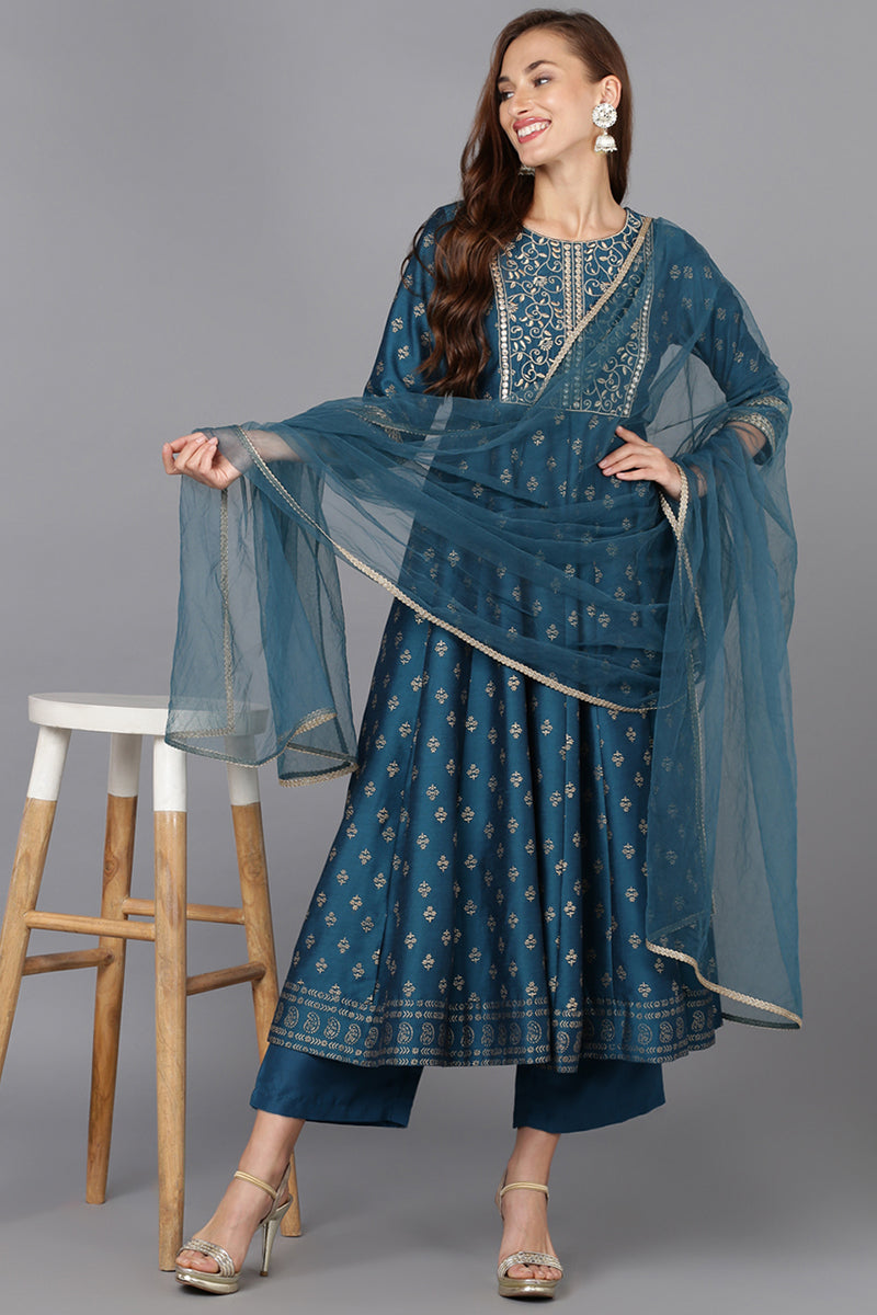 Blue Silk Blend Anarkali Kurta Pant With Dupatta | SHOBITAM