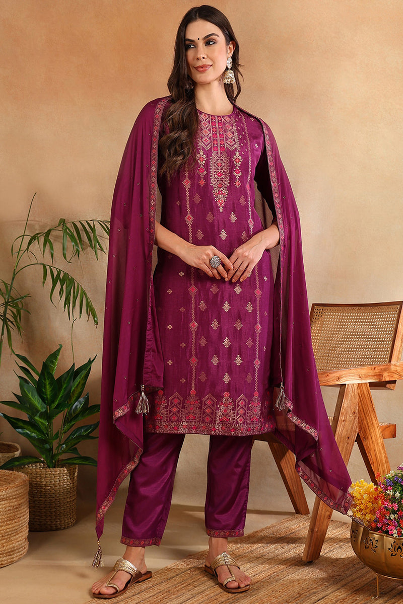 Poly Silk Maroon Embroidered Straight Suit Set | SHOBITAM