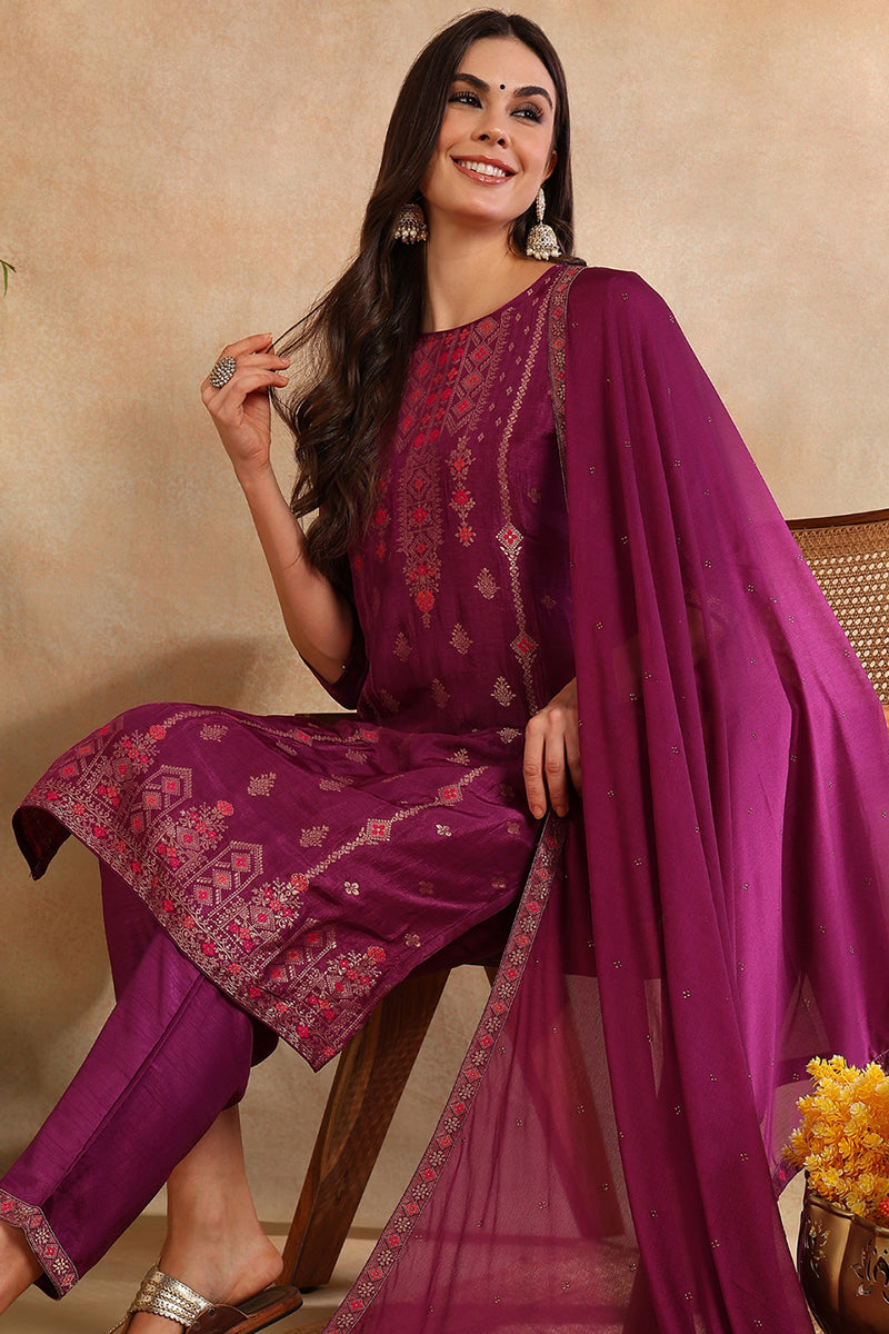 Poly Silk Maroon Embroidered Straight Suit Set | SHOBITAM