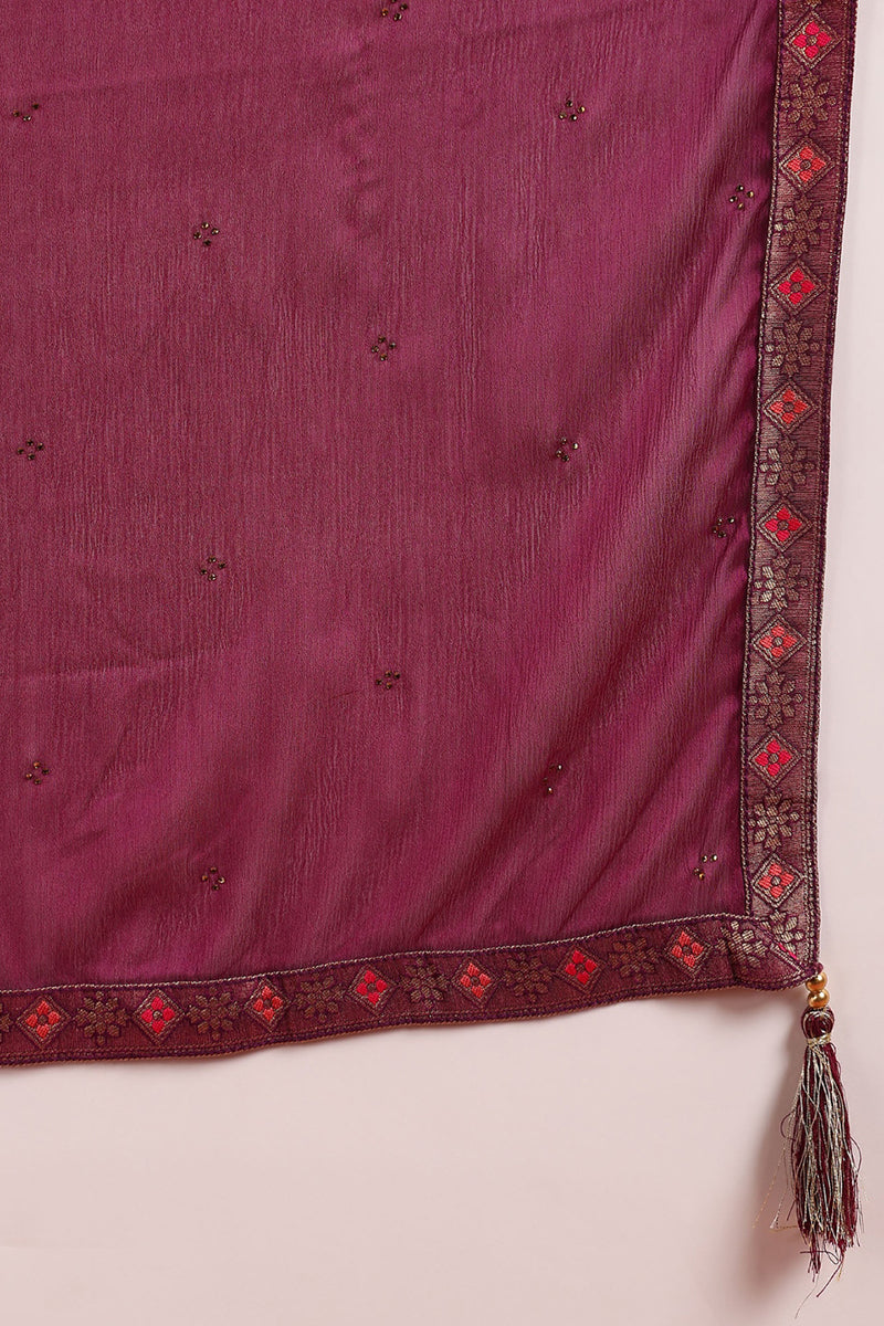 Poly Silk Maroon Embroidered Straight Suit Set | SHOBITAM