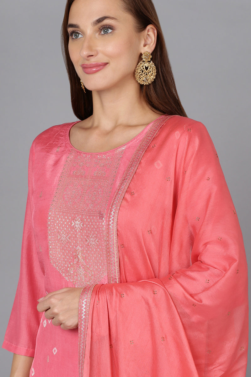 Pink Silk Blend Bandhani Printed Straight Suit Set | SHOBITAM