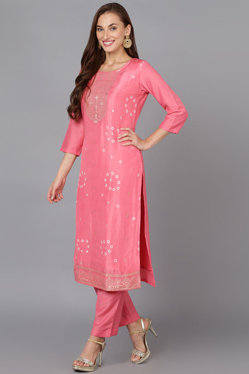 Pink Silk Blend Bandhani Printed Straight Suit Set | SHOBITAM