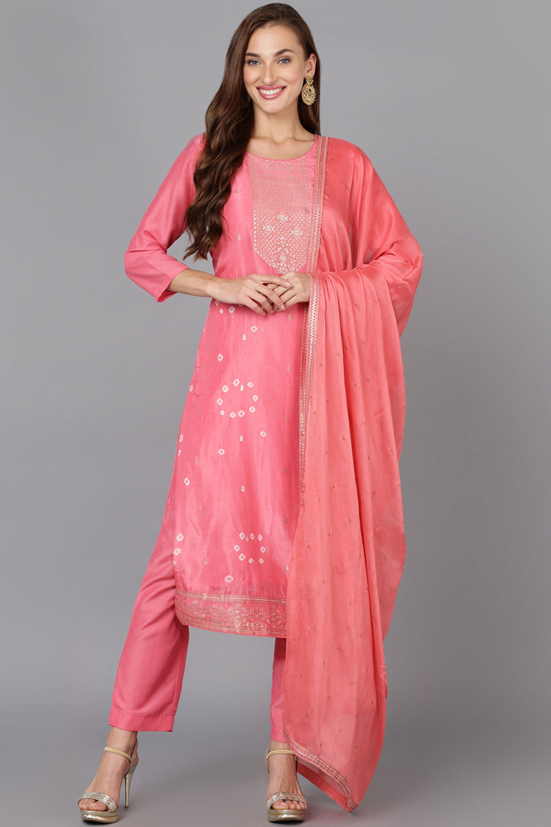 Pink Silk Blend Bandhani Printed Straight Suit Set | SHOBITAM