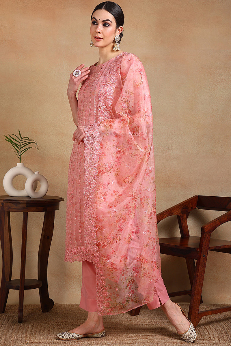 Peach Organza Ethnic Motifs Straight Suit Set | SHOBITAM