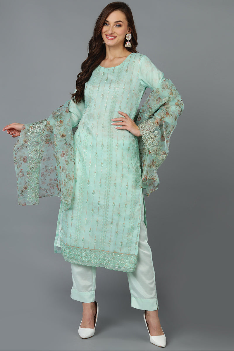 Sea Green Organza Embroidered Kurta Pant With Dupatta | SHOBITAM