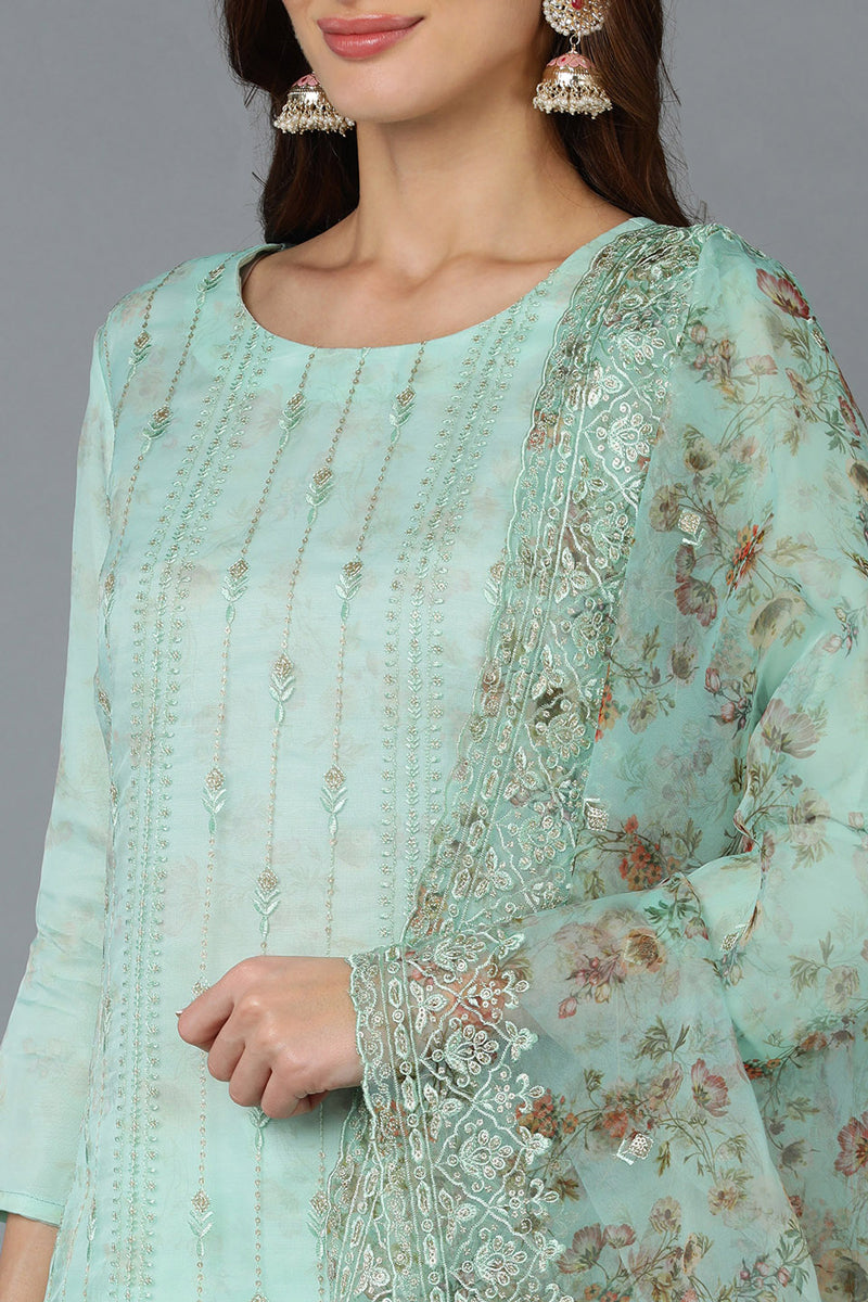 Sea Green Organza Embroidered Kurta Pant With Dupatta | SHOBITAM