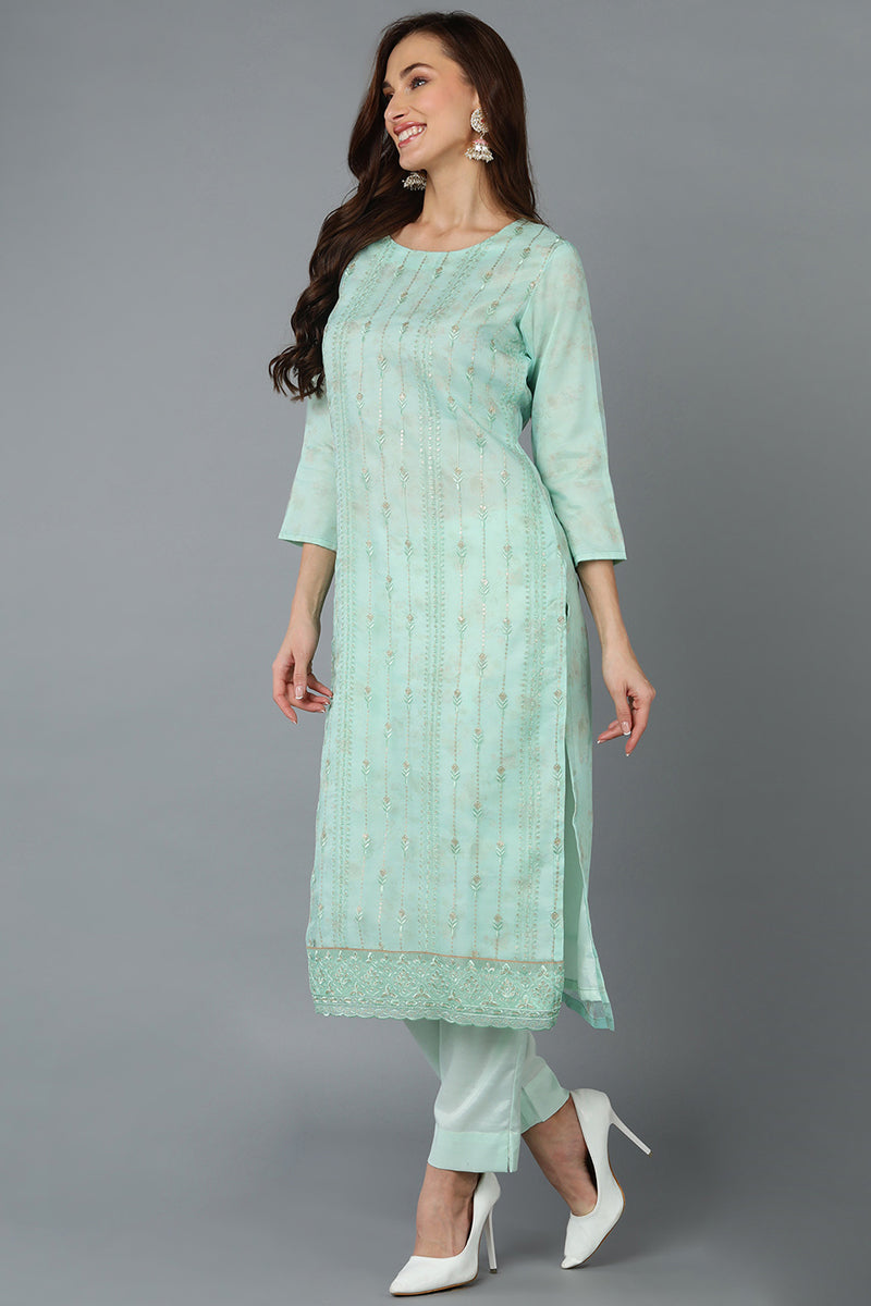 Sea Green Organza Embroidered Kurta Pant With Dupatta | SHOBITAM