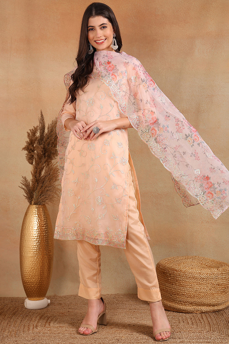 Peach Organza Ethnic Motifs Straight Suit Set | SHOBITAM