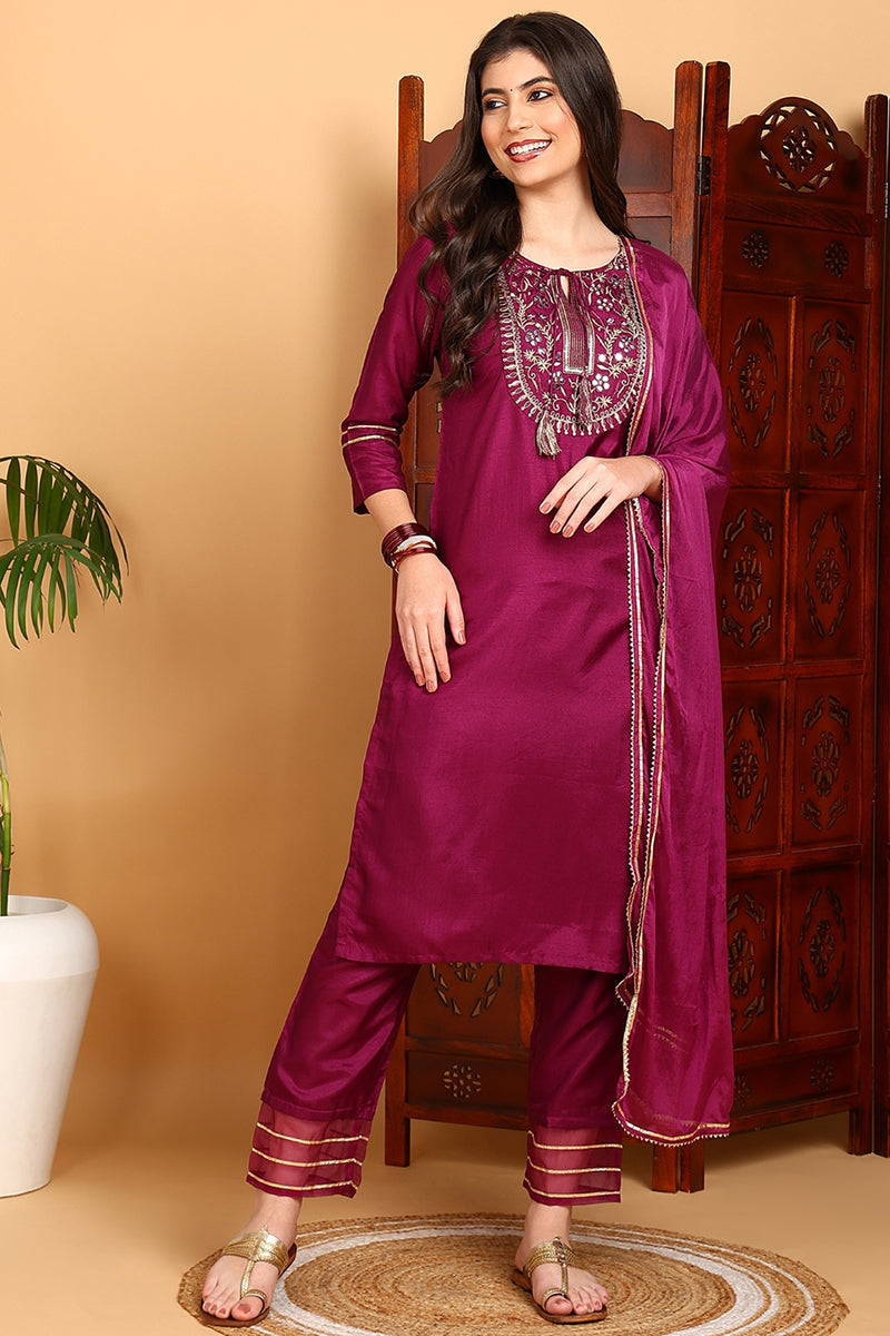 Silk Blend Purple Embroidered Straight Kurta Pant With Dupatta | SHOBITAM
