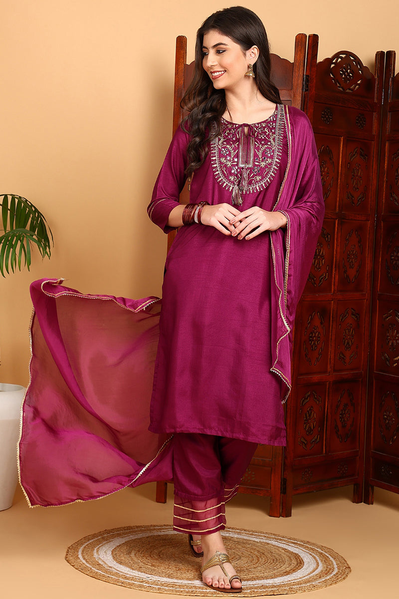 Silk Blend Purple Embroidered Straight Kurta Pant With Dupatta | SHOBITAM